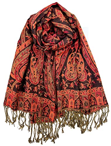 Plum Feathers Tapestry Ethnic Paisley Pattern Pashmina Shawl Scarf, Womens Pashmina Shawl Wrap with Fringes - color: Black-red Tapestry
