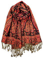 Plum Feathers Tapestry Ethnic Paisley Pattern Pashmina Shawl Scarf, Womens Pashmina Shawl Wrap with Fringes - color: Black-red Tapestry