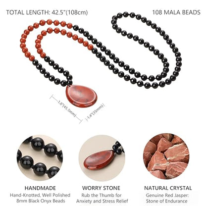COAI Thumb Worry Stones Necklace for Men Women, Handmade 108 Mala Beaded Necklace for Women Men 8MM - style: Onyx & Red Jasper