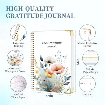 The Gratitude Journal for Women & Men, Hardcover Spiral 5 Minute Daily Gratitude Journal for More Happiness, Optimism, Affirmation & Reflection with Prompts & Quotes, Undated Daily Journals(93 pages / 3 months supply) Gifts - color: White-Flower