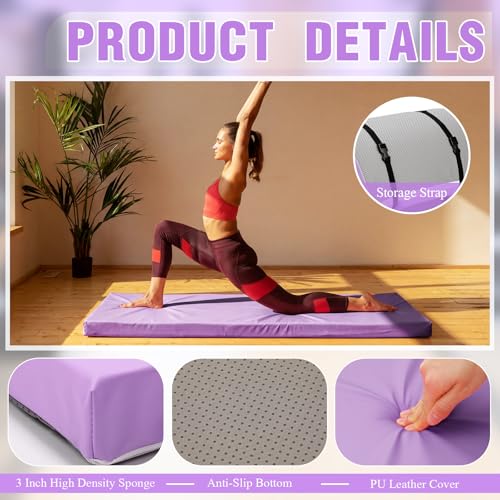 Lyrow 3 Inch 72"x 24" Thick Foldable Yoga Mat with Carry Strap, Non-slip Portable Foam Gym Mat for Yoga, Pilates and Stretching - color: Lavender Purple