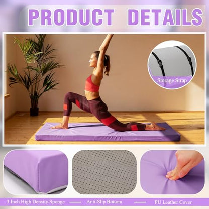 Lyrow 3 Inch 72"x 24" Thick Foldable Yoga Mat with Carry Strap, Non-slip Portable Foam Gym Mat for Yoga, Pilates and Stretching - color: Lavender Purple