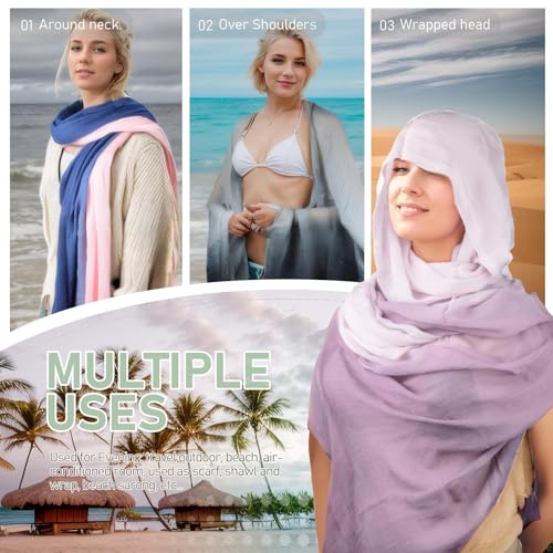 Two-tone Linen Scarf for Women Lightweight Summer Wrap Cotton Shawl Beach Travel Pashmina Gauze 75"×35" - color: Light Yellow/Turmeric