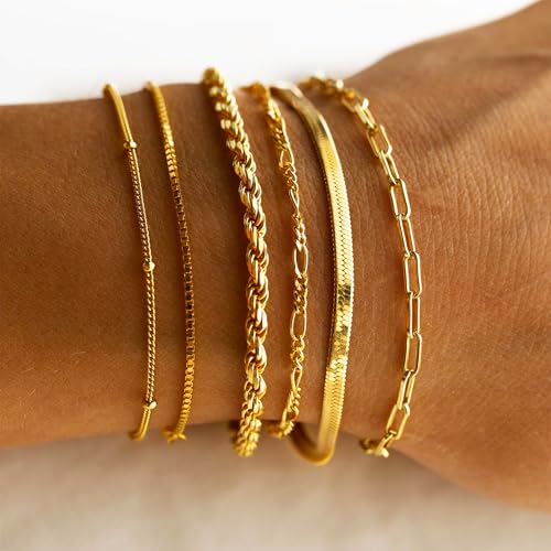 DEARMAY Gold Bracelets for Women Waterproof, 14K Gold Plated Stackable Jewelry Sets Non Tarnish Trendy Thin Dainty Cuban Link Paperclip Chain Bracelet Stack Fashion Accessories Gifts for Womens - style: 6Pcs BRACELET