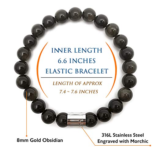 Morchic 8mm Genuine Gemstone Stretch Bracelet for Women Men Unisex, Natural Energy Crystal Stone Beads, Classic Simple Design Cuff Birthday Gift 7.5 Inch - color: Golden Obsidian