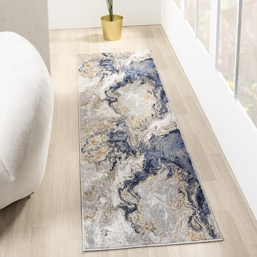 LUXE WEAVERS Marble Swirl Abstract Area Rug, Blue 2x7 - color: Blue, size: 2' x 7' (Rectangular)