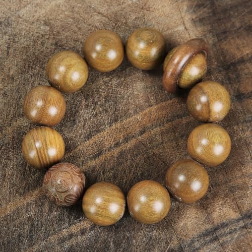 Handcrafted Neutral 12 Beads Natural Sandalwood Prayer Bead Chain Wrist Meditation Star Ring Circular Stress Relief bracelet Rosary Beads for men and women - color: Green sandalwood