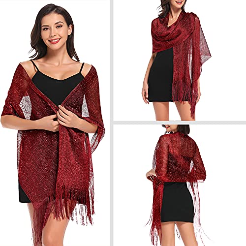 vimate Sparkling Metallic Shawls and Wraps for Evening Party/Wedding/Formal Dresses (With Free Buckle) - color: D#. Burgundy (With Burgundy Buckle)