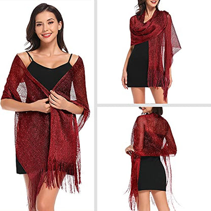 vimate Sparkling Metallic Shawls and Wraps for Evening Party/Wedding/Formal Dresses (With Free Buckle) - color: D#. Burgundy (With Burgundy Buckle)