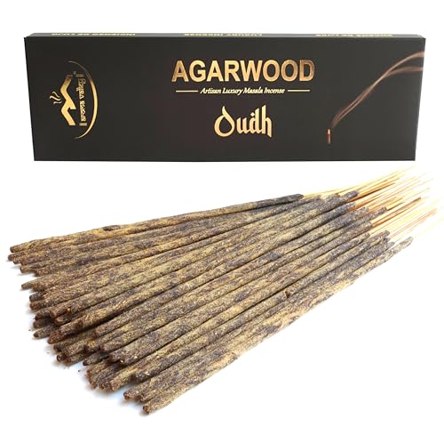 Oud Agarwood Incense Sticks - Artisan Luxury Masala Incense - Handrolled Long-Burning (75 Minutes) Extra-Thick Sticks - Exotic Divine Scent for Home, Spirituality & Meditation - Oudh