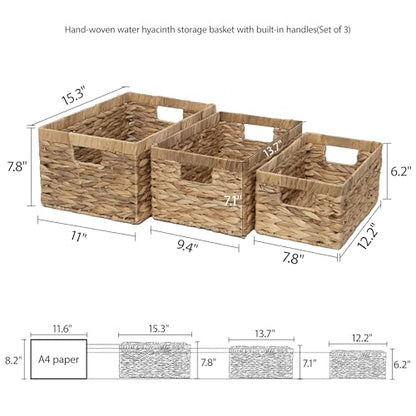 Storage Baskets,Woven Natural Water hyacinth Box with Handle,Kingwillow.(Set of 3) - size: Set of 3