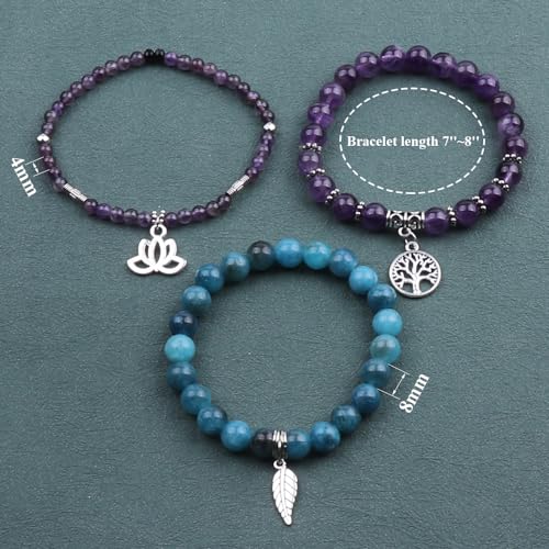 Tree of Life Yoga Healing Stone Bracelets,Multilayer Lotus Chakra Stone Reiki Bracelet Sets,Anxiety Crystal Natural Stone,for Women Stress Relief - style: Amethyst + Apatite