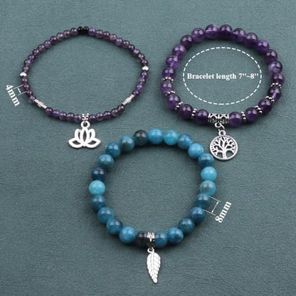 Tree of Life Yoga Healing Stone Bracelets,Multilayer Lotus Chakra Stone Reiki Bracelet Sets,Anxiety Crystal Natural Stone,for Women Stress Relief - style: Amethyst + Apatite