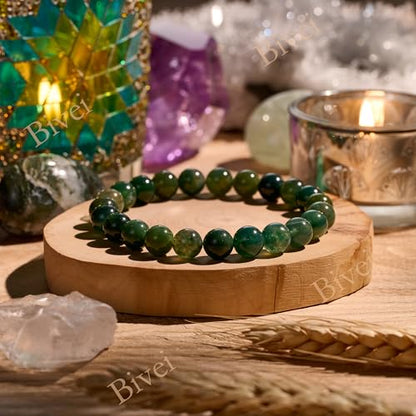 Bivei 8mm Beaded Bracelets for Women Handmade Semi Precious Natural Stone Stretch Elastic Jewelry Yoga Protection Gifts - color: Moss Agate - Growth, size: Small 6.5-6.7 inch