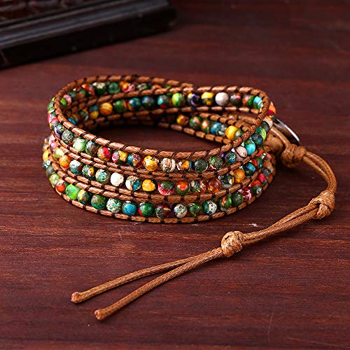 Women Boho Handmade Natural Stone Crystal Leather Bead Wrap Bracelets Collection - style: Colorful Jasper 3w