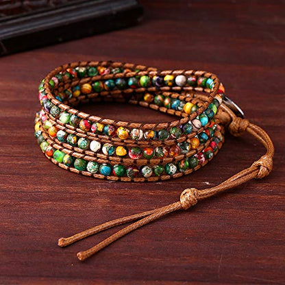 Women Boho Handmade Natural Stone Crystal Leather Bead Wrap Bracelets Collection - style: Colorful Jasper 3w