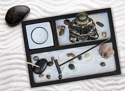 Zen Garden Deluxe Desk Meditation Garden Buddha Statue with Tea Light Holder, Incense Holder, Incense, Rocks, Sand, and Rake (Candle Not Included)