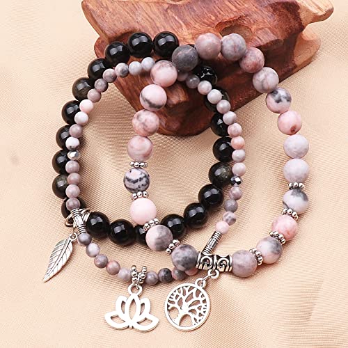 Tree of Life Yoga Healing Stone Bracelets,Multilayer Lotus Chakra Stone Reiki Bracelet Sets,Anxiety Crystal Natural Stone,for Women Stress Relief - style: pink zebra+golden obsidian