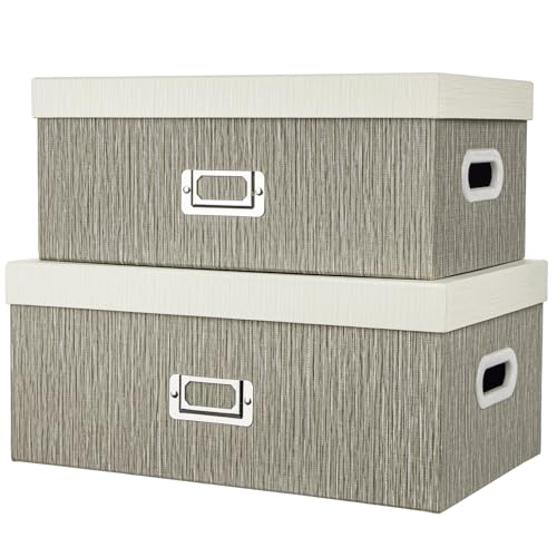 Briful Set of 2 Decorative Storage Boxes with Lids – Gray & White Nesting Organizer Bins, 14'' + 13'' Set Rectangular Fabric Covered Cardboard Boxes for Office, Closet, or Home Decor - color: 2pcs GreyWhite, size: Rectangular Set2