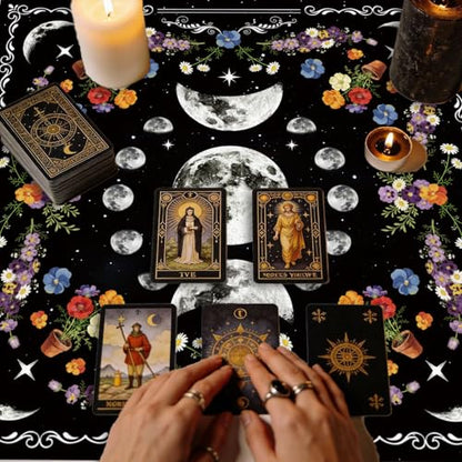 Tarot Altar Cloth Black Tablecloth Flowers and Lunar Phases Print Card Table Tablecloth with Velvet Tarot Card Bag for Reading Rituals Crystals Spiritual Divination Witchcraft Supplies - color: Flowers and Lunar