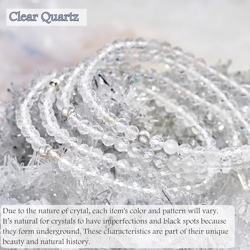 Farfume Tiny Bead Bracelets for Women, Handmade Natural Stone 4mm Beads 925 Sterling Silver Dainty Stretch Bracelets, Chakra Crystal Gemstone Jewelry Gifts - color: Clear Quartz (Stone of Manifestation), size: Medium 7.3-7.5 inch