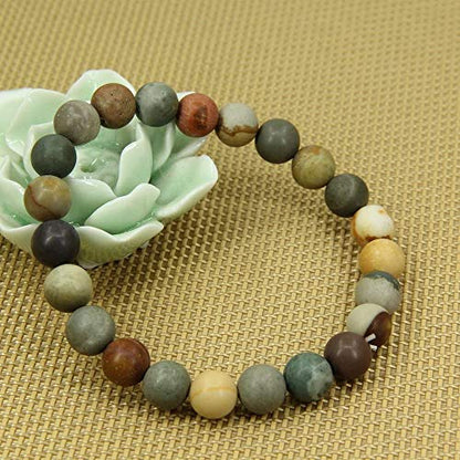 Angelstones Handmade Natural Healing Gemstone 8mm Round Beads Stretch Crystal Bracelet 7 Inch Unisex - color: Matt Polychrome Jasper