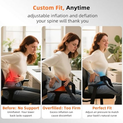 Inflatable Back Support Pillow for Travel – Foldable Travel Back Pillow for Airplane, Office, Car, Home – Adjustable Belt & Hand-Press Inflation, Compact & Lightweight