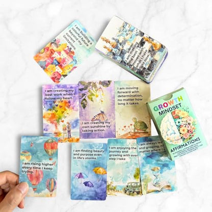 UHillMinerva Growth Mindset Affirmation Cards, 52 Watercolor Illustrated with Fixed vs Growth Comparison, Inspirational Cards for Teens Adults Parents Teachers Personal Development