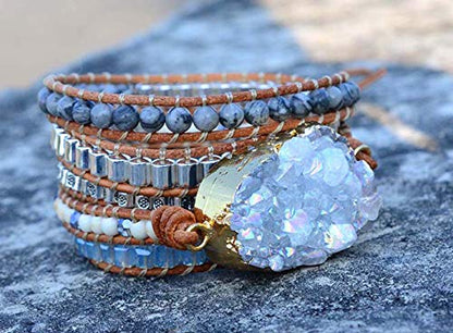 Boho Wrap Bracelet for Women, Handmade Natural Imperial Jasper Multi-Layer Stone Beaded Bracelet, Bohemian Healing Crystal Stone Jewelry Gifts - color: Quartz Druzy