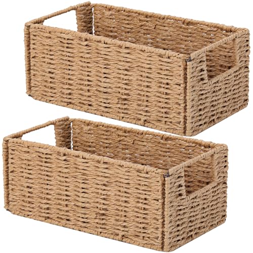 Wicker Storage Basket, Set of 2 Hand-Woven Paper Rope Wicker Basket, Small Storage Baskets for Organizing Toilet Paper Basket, Foldable Large Cube Storage Organizer Bins for Shelves (Natural) - color: Natural, size: 11.2"D x 6.1"W x 4.8"H