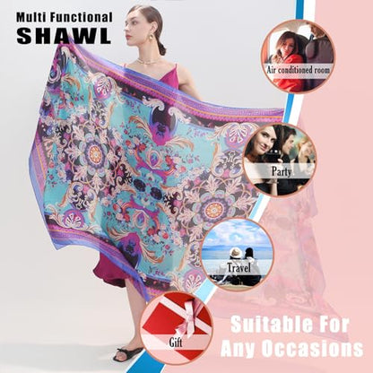 100% Mulberry Extra Large Silk Pashmina Scarf Shawls And Wraps For Women Evening Dress Summer Travel Floral Blanket - color: 67 Blue&purple