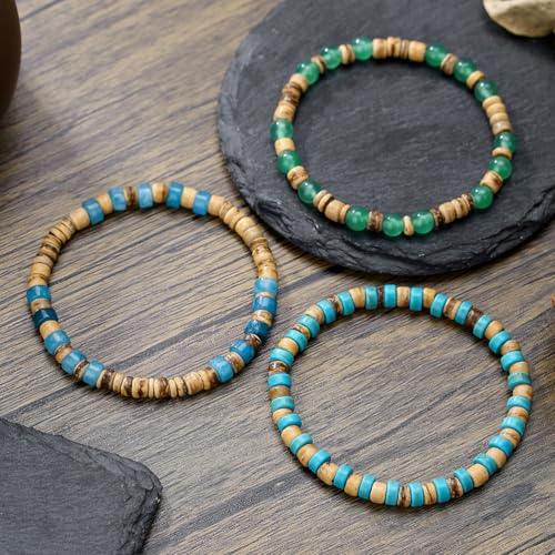Puka Shell Bracelet for Men Wooden Bracelets Turquoise Stack Beaded Minimalist Trendy Jewelry for Friend Gift - style: 3pcs-Turquoise