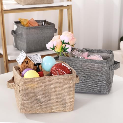 Small Storage Basket Bins Canvas Mini Storage Cubes Storage Basket for Makeup, Baby Toys Liners, Books Nursery Storage Baskets with Handles for Shelves & Desks (3 Jute Gray)