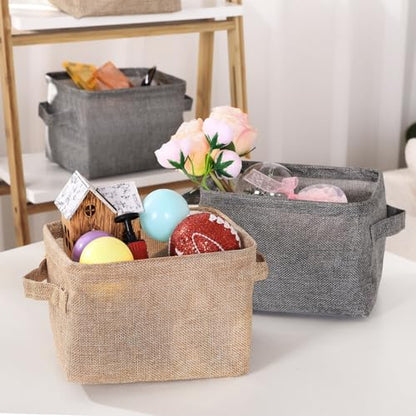 Small Storage Basket Bins Canvas Mini Storage Cubes Storage Basket for Makeup, Baby Toys Liners, Books Nursery Storage Baskets with Handles for Shelves & Desks (3 Jute Gray)