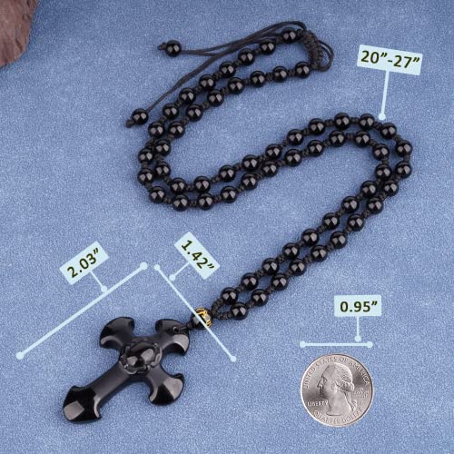 Black Obsidian Necklace Protection Pendant with Extended Bead Chain Healing Crystal Stone Amulet Necklace for Men Women - color: CrossA