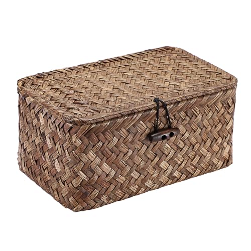 Handwoven Seagrass Basket Wicker Shelf Basket with Lid Rectangular Multipurpose Desktop Organizer Bin for Key Remote Control, Small,7.0" x 4.3" x 3.3" - color: Coffee color, size: 7.0"L x 4.3"W x 3.3"H
