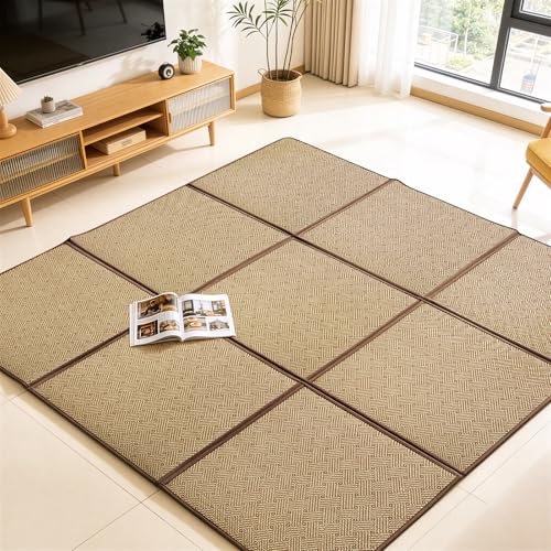 Nisorpa 71'' x 71'' Japanese Rug Tatami Rug Mat 0.47'' Thick Japanese Floor Mattress Rattan Non-Slip Breathable Memory Foam Area Rug Bedroom Tatami Mat, Brown - color: Brown