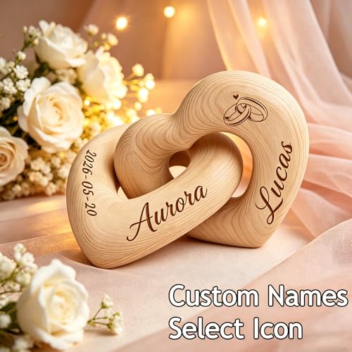 Custom Engraved Interlocking Wooden Hearts with Personalized Names – Romantic Couple Gift for Wedding, Valentine’s Day, 5th Wood Anniversary, Handcrafted Home Decor (Customized)