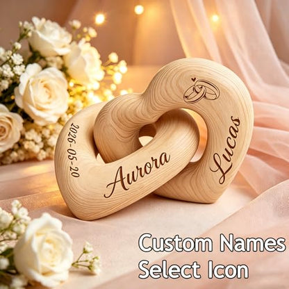 Custom Engraved Interlocking Wooden Hearts with Personalized Names – Romantic Couple Gift for Wedding, Valentine’s Day, 5th Wood Anniversary, Handcrafted Home Decor (Customized)