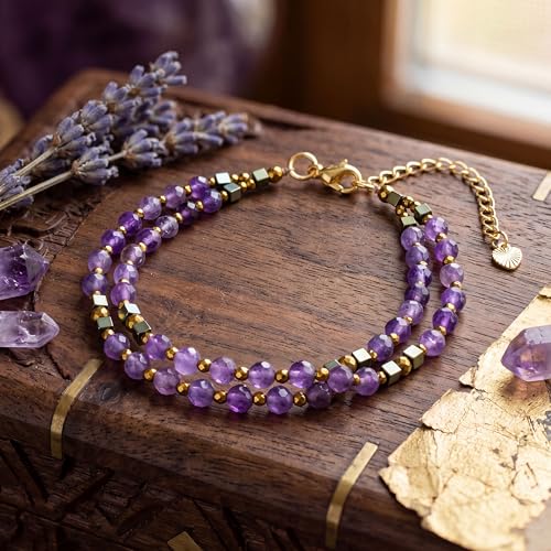 Farfume Beaded Bracelets for Women, Chakra Crystal 4mm Beads Gemstone Natural Stone Bead Spiritual Jewelry Gifts for Women - color: Purple Amethyst-Wisdom