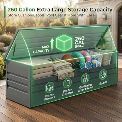 260 Gallon Metal Deck Box Waterproof, Extra Large Outdoor Stroage Box Weatherproof with Lid for Patio Cushions, Garden Tools, Pool Supplies, Black - color: Black(260 Gal)-Metal