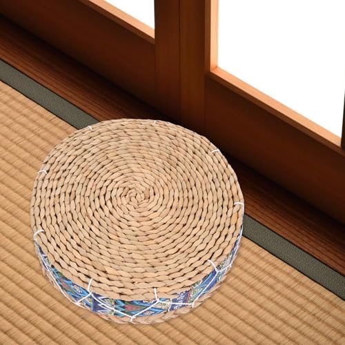 Ciieeo Meditation Floor Cushion Round Woven Straw Seat Mat 30cm Diameter 7cm Height Blue Husk Braided Cushion for Living Room Tatami Balcony Sitting