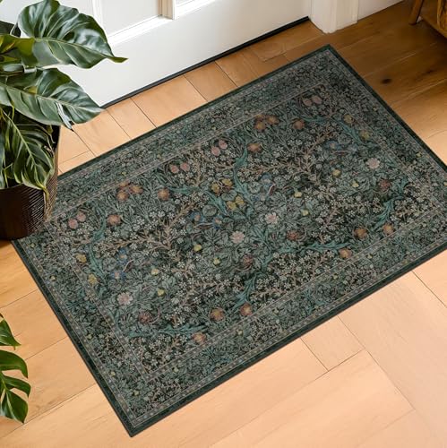 Dark Green Washable Entry Rug - Front Door Throw Rugs Indoor, Non-Slip Bathroom Small Rugs, Vintage Floral Thin Rug for Kitchen, Boho Entryway Décor (2x3 Dark Green) - color: Dark Green / Black, size: 2' x 3' (Rectangular)