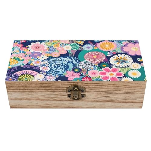 Boho Floral Wooden Storage Box (7.9" X 3.9" X 2.3"),Vintage Wooden Jewelry Box with Hinged Lid Natural Wood Keepsake Storage Boxes, Decorative Rustic Organizer for Home Decor Crafts Rings Gifts - color: Boho Floral