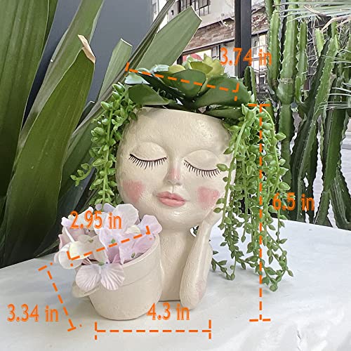 Face Plant Pot - Double Flower Pots for Indoor Outdoor Plants Resin Head Planter with Drainage Hole Cute Lady Face Plant Pots, Garden Decoration Planters, Medium - size: Medium, style: White - 2 in 1