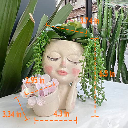Face Plant Pot - Double Flower Pots for Indoor Outdoor Plants Resin Head Planter with Drainage Hole Cute Lady Face Plant Pots, Garden Decoration Planters, Medium - size: Medium, style: White - 2 in 1