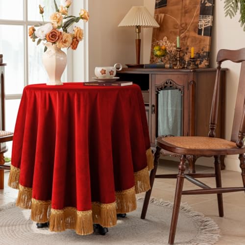 F-CHU Red 60 Inch Round Tablecloth Thickset Velvet Tablecloth with Beautiful Gold Tassels Vintage Table Cloth for Home Decor Wedding, Party, Banquet and Events 60" Round - color: Red, size: 60" (Round)