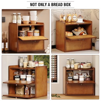 Trironsun Rustic Bread Box for Kitchen Countertop Bamboo Bread Storage Container Bin Double Layer BreadBox Farmhouse Large Capacity Food Organizer (Brown) - color: Brown