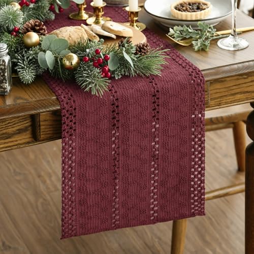Artoid Mode Red Farmhouse Woven Rustic Hollow Table Runner, Seasonal Holiday Kitchen Dining Table Decoration for Home Party Decor 12x36 Inch - color: Red, size: 12" x 36", Table Runner