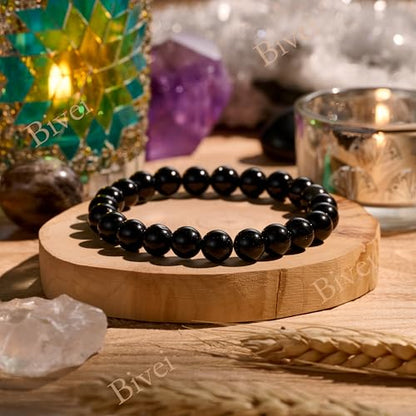 Bivei 8mm Beaded Bracelets for Women Handmade Semi Precious Natural Stone Stretch Elastic Jewelry Yoga Protection Gifts - color: Black Obsidian - Strength, size: Small 6.5-6.7 inch